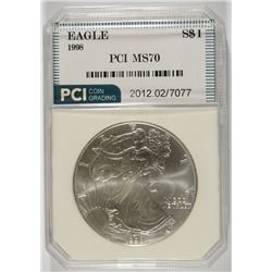 1998 AMERICAN SILVER EAGLE, PCI MS-70!  BOOKS FOR $1400.00