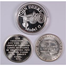 3- 1 OZ .999 SILVER ROUNDS; JOHN DEERE, 1973 LETCHER, 1981 STOCKPILE