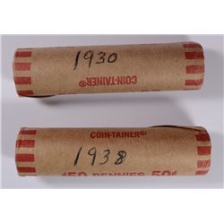 2- WHEAT CENT ROLLS; 1930 & 1938 CIRC