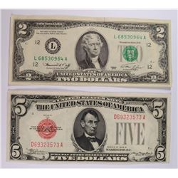 1938 B $5.00 RED SEAL UNC & 1976 $2 NOTE