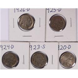 1920-D, 1923-S, 1924-D, 1925-D, 1926-D BUFFALO NICKELS, NICE VG/FINE