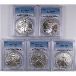 (5) COIN AMERICAN SILVER EAGLE LOT, ALL PCGS MS-69 2002, 2003, 2004, 2006 & 2007