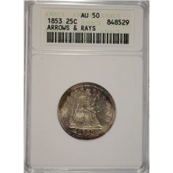 1853 SEATED QUARTER ANACS AU-50