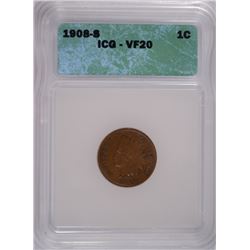 1908-S INDIAN HEAD CENT ICG VF-20