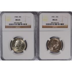 1948 & 1951 WASHINGTON QUARTERS NGC MS-65'S