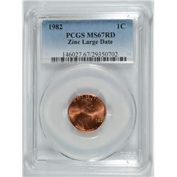 1982 LINCOLN CENT, ZINC ( LARGE DATE ) PCGS MS-67 RED!  RARE!!
