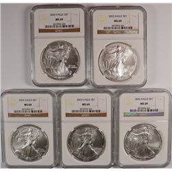 DEALER LOT OF ( 5 ) 2003 AMERICAN SILVER EAGLES, NGC MS-69!