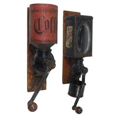 Coffee grinders (2), Mahogany No. 8, mfgd by The Mirroscope Co.-Cleveland, OH, VG cond & early tin h