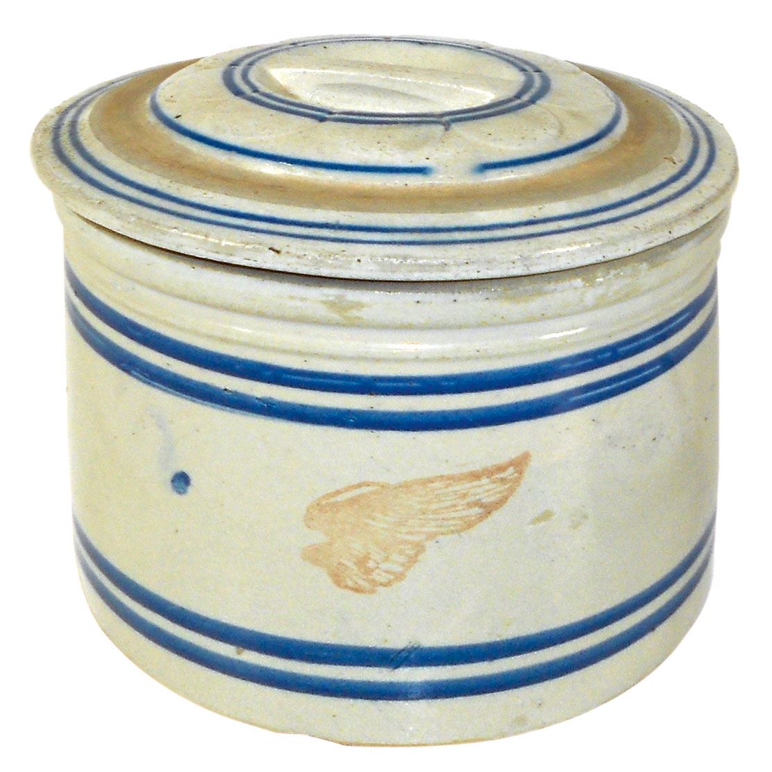 Stoneware pantry jar w/bar lid, Red Wing 5 lb w/wing & blue bands, Exc