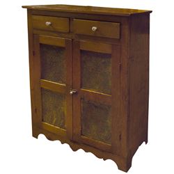 Furniture, pie safe, pine 2-door 2-drwr, pierced tin panels, square nails & scalloped cutouts at bot