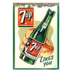 Soda fountain sign, 7Up, self-framed embossed metal, c.1948, Good cond w/some paint loss at top, 39.