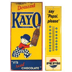 Soda fountain thermometer & sign (2), Say Pepsi, Please, by Scioto Sign-Kenton, O., embossed metal,