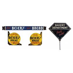 Country store signs (4), Bakery Department fresh today, 2-sided embossed metal curb sign, VG/Exc con