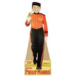 Tobacciana sign, Philip Morris Johnny, diecut cdbd standup, c,1940's, VG cond, 44"H x 15.5"W.
