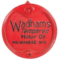 Petroliana, accessories (4), Wadhams Tempered Motor Oil-Milw., WI steel drum cover, c.1982, VG+ repa