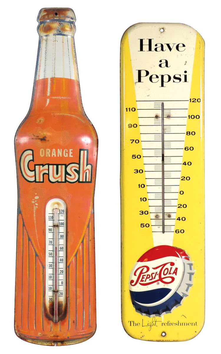 Soda fountain thermometers (2), PepsiCola, c.1957 & Orange Crush, c
