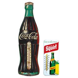 Coca-Cola & soda fountain thermometers (2), Coca-Cola, Good+ cond, 29.5"H x 8.5"W & Enjoy Squirt, c.