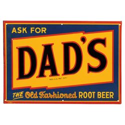 Soda fountain sign, Ask For Dad's, The Old Fashioned Root Beer, 4-color self-framed embossed metal, 