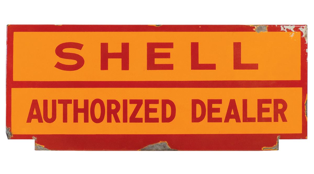 Petroliana, sign & oil rack, Shell Authorized Dealer, porcelain w ...