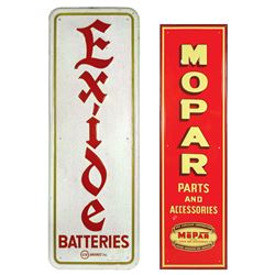 Automobilia, signs (2), Exide Batteries, by Stout Sign Co.-St. Louis, VG cond, 39.5"H x 14"W & MoPar