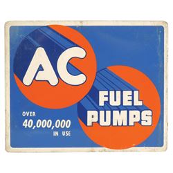 Petroliana, sign, AC Fuel Pumps, Over 40,000,000 in Use, by A. M. D. Co., 2-sided metal flange, c.19