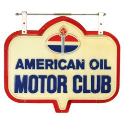 Petroliana, sign, American Oil Motor Club, 2-sided plastic w/metal hanger, Exc cond, 21 H x 24 W.