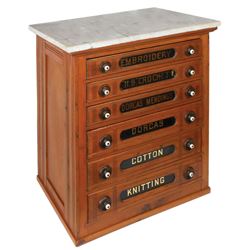 Spool cabinet, H. B. Crochet & Dorcas Mendings ash 6-drwr w/porcelain pulls, added marble top, Exc r