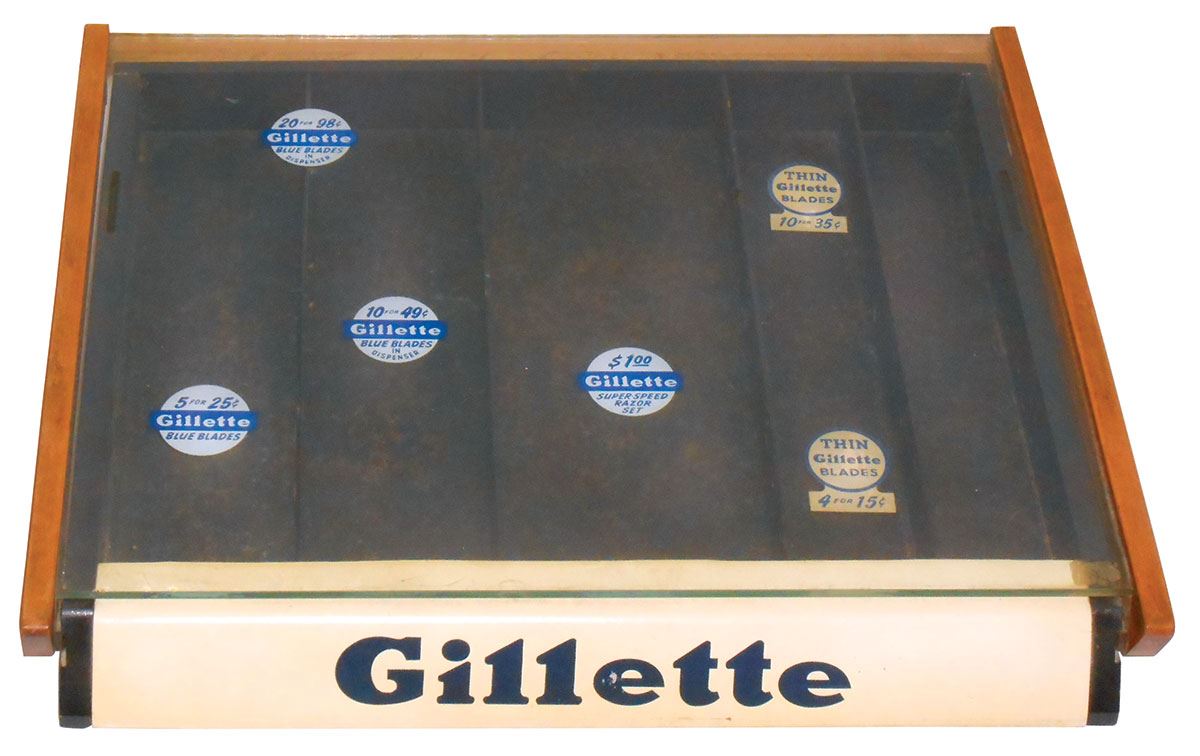Drug store Gillette Razor Blades display case, maple, glass & metal w ...