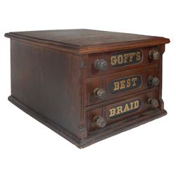 Spool cabinet, Goff's Best Braid, oak 3-drawer w/orig decal on back, Exc cond, 11.5 H x 17 W x 18.5 
