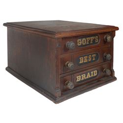 Spool cabinet, Goff's Best Braid, oak 3-drawer w/orig decal on back, Exc cond, 11.5"H x 17"W x 18.5"