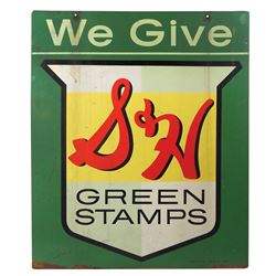 Country store sign, S&H Green stamps, by Stout Sign Co.-St. Louis, 2-sided metal, VG+ cond, 36"H x 3