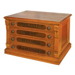 Country store spool cabinet, J. & P. Coats' Spool Cotton oak 4-drwr, Exc refinished cond, 16"H x 23"