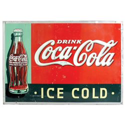 Coca-Cola sign, Drink Coca-Cola, Ice Cold, embossed metal w/1923 Christmas bottle graphic, VG cond, 