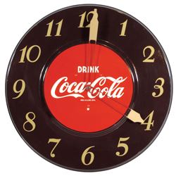 Coca-Cola clock, c.1951, metal, red & maroon, Exc working cond, 17"Dia.