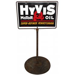 Petroliana, curb sign, HyVis Motor Oil, 2-sided porcelain on orig HyVis cast iron base, VG/Exc cond,