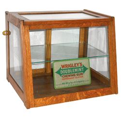 Chewing gum display case w/Wrigley Doublemint advertising decal, slanted quartersawn oak/glass case 