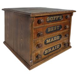 Country store spool cabinet, Goff's Best Made Braid, 4-drawer, wood, VG refinished cond, 14.5"H x 17