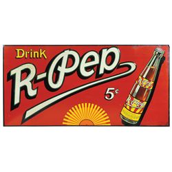 Soda fountain sign, R-Pep, 5 cent, embossed metal w/bottle graphic, VG+ cond, 17.5"H x 35.75"W.