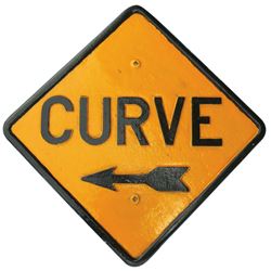 Automobilia, highway sign, CURVE w/arrow, cast iron, Exc cond, 23 Sq.