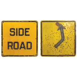 Automobilia, highway signs (2), SIDE ROAD, VG+ cond & curve arrow, Good cond, both stamped steel w/c