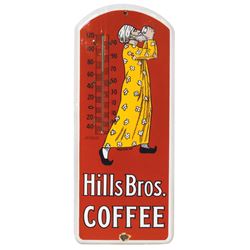 Country store thermometer, Hills Bros Coffee, 4-color porcelain, litho by Beach, Coshocton, O., patd