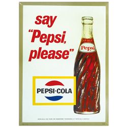 Pepsi-Cola sign, say "Pepsi, please", self-framed metal w/bottle graphic, c.1960, new-old-stock w/or