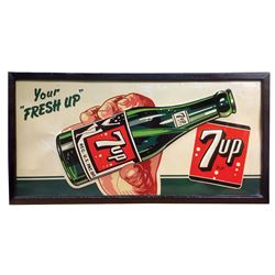 Soda fountain sign, 7Up, embossed metal, VG cond w/wood frame, 23.5"H x 48"W.