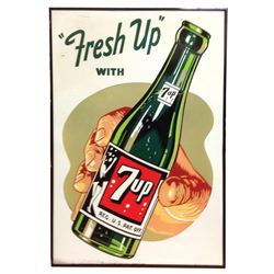 Soda fountain sign, 7Up, litho on metal, dated 1950, Exc cond, 27"H x 18.5"W.