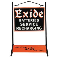 Automobilia, curb sign, Exide Batteries Service Recharging, 2-sided metal w/frame, c.1955, sign Exc 