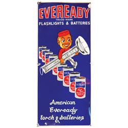 Hardware store sign, Eveready Flashlights & Batteries, 5-color porcelain w/blue background, great gr