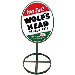 Petroliana, curb sign, Wolf's Head Motor Oil, 2-sided metal on orig base, marked AM-63, Ex