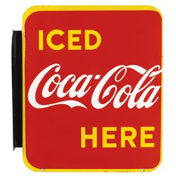 Coca-Cola sign, Iced Coca-Cola Here, porcelain 2-sided flange, c.1949, Exc cond, 19.25"H x 17"W.