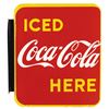 Image 1 : Coca-Cola sign, Iced Coca-Cola Here, porcelain 2-sided flange, c.1949, Exc cond, 19.25"H x 17"W.