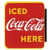 Image 2 : Coca-Cola sign, Iced Coca-Cola Here, porcelain 2-sided flange, c.1949, Exc cond, 19.25"H x 17"W.